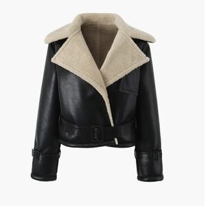 Commese Shearling Moto Jacket Faux Leather Cream Black M NWT